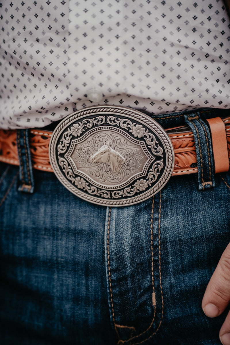 Oval Rope Edge Buckle With Horse Head Center