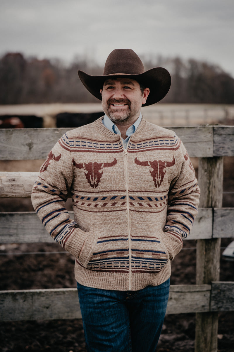 'Elwood' Men's Tan Buffalo Zip Front Sweater (M-XXL)