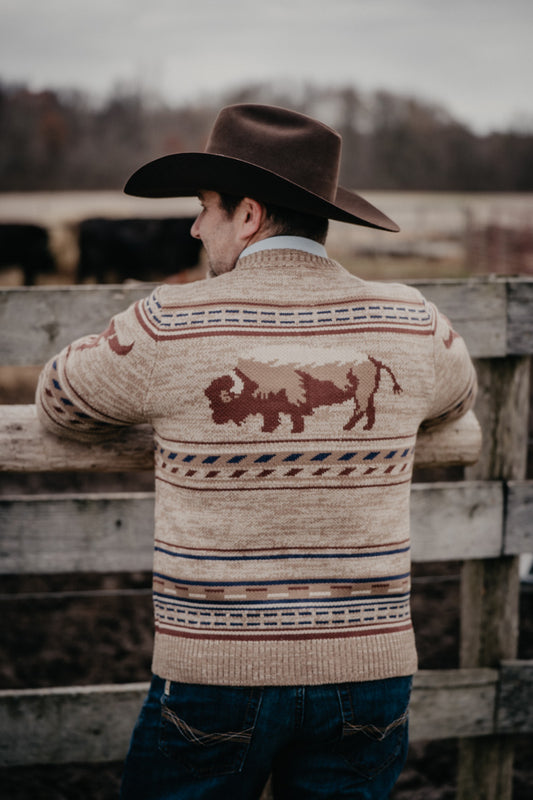 'Elwood' Men's Tan Buffalo Zip Front Sweater (M-XXL)