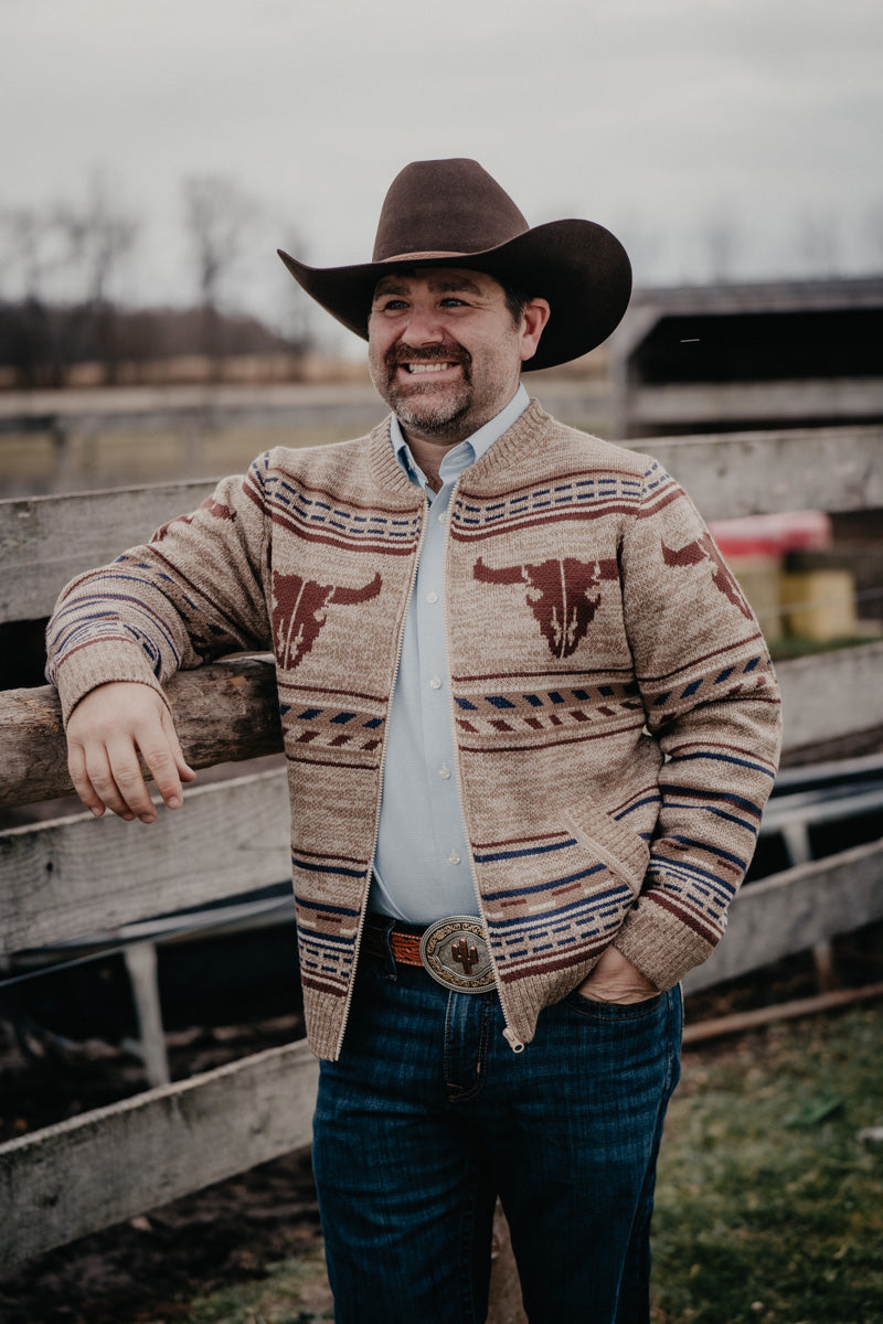 'Elwood' Men's Tan Buffalo Zip Front Sweater (M-XXL)