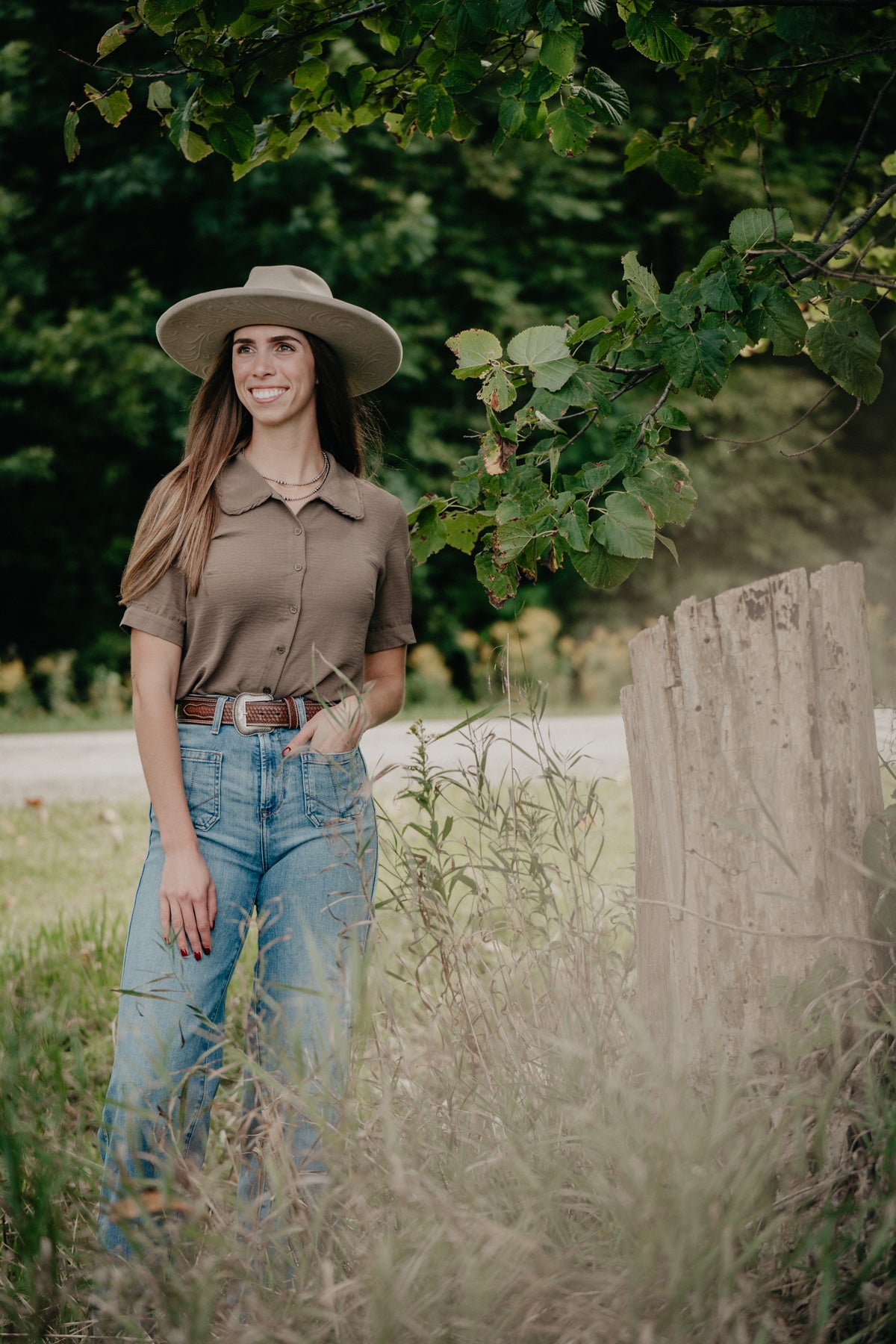 'Clover Bloom' Olive Ruffled Collared Blouse