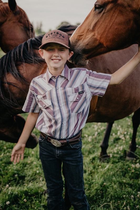'Ryder Jr' Boy's Burgundy/Tan/White Stiped Short Sleeve Pearl Snap by CINCH (XS-XL)