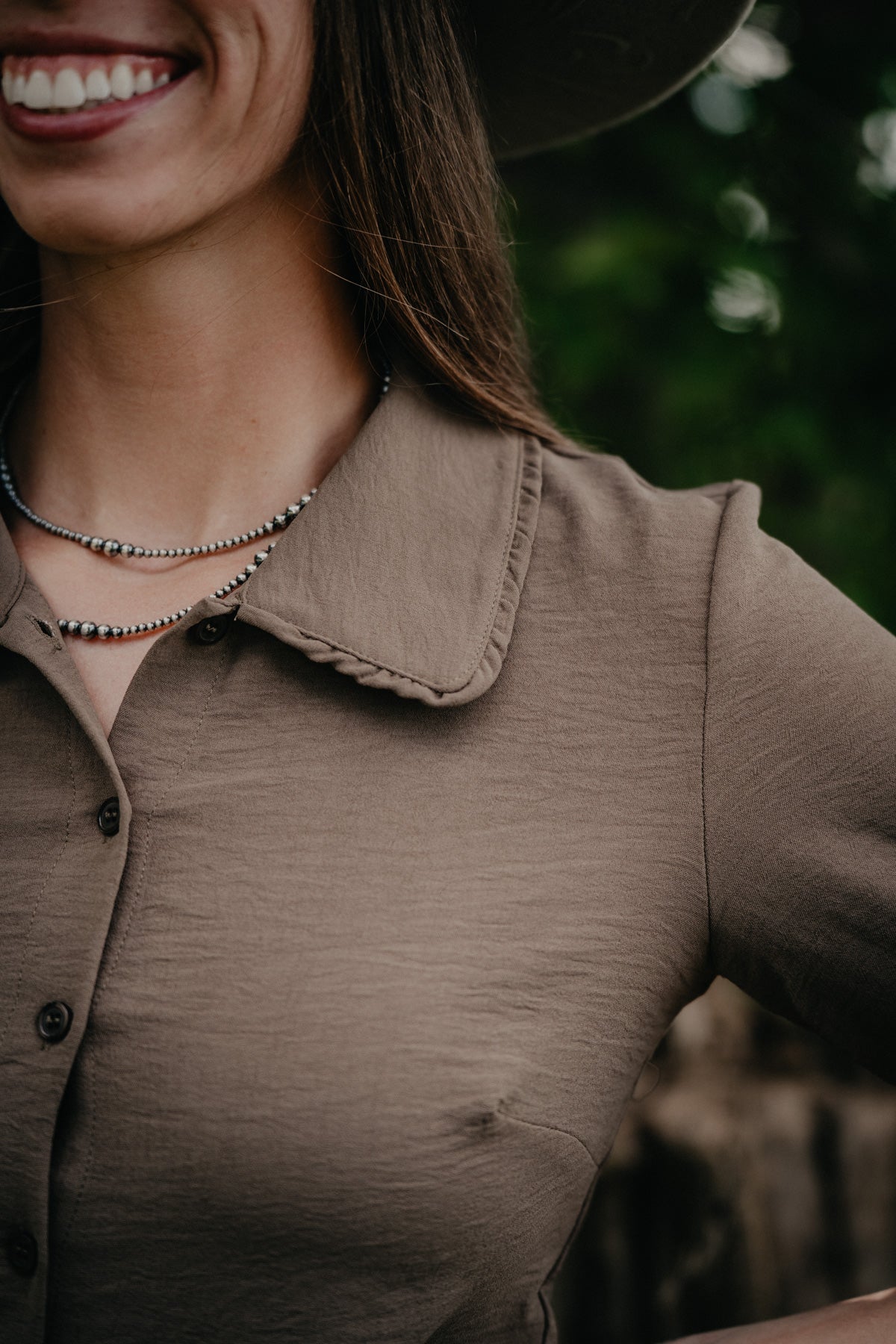 'Clover Bloom' Olive Ruffled Collared Blouse