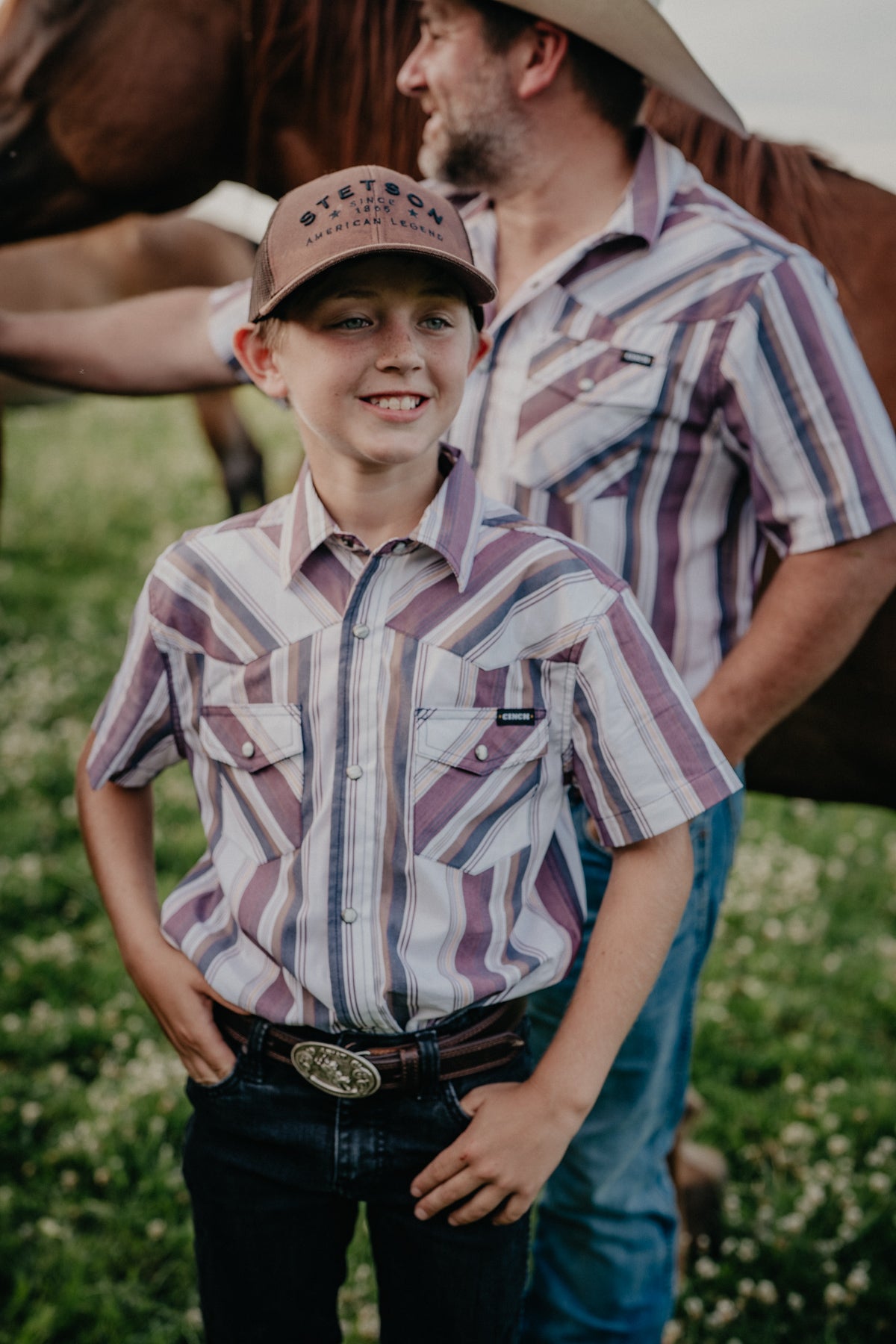 'Ryder Jr' Boy's Burgundy/Tan/White Stiped Short Sleeve Pearl Snap by CINCH (XS-XL)