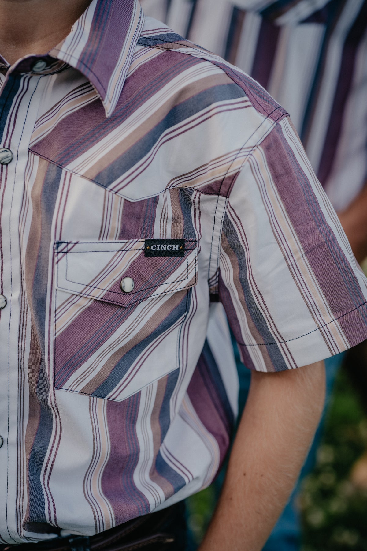 'Ryder Jr' Boy's Burgundy/Tan/White Stiped Short Sleeve Pearl Snap by CINCH (XS-XL)