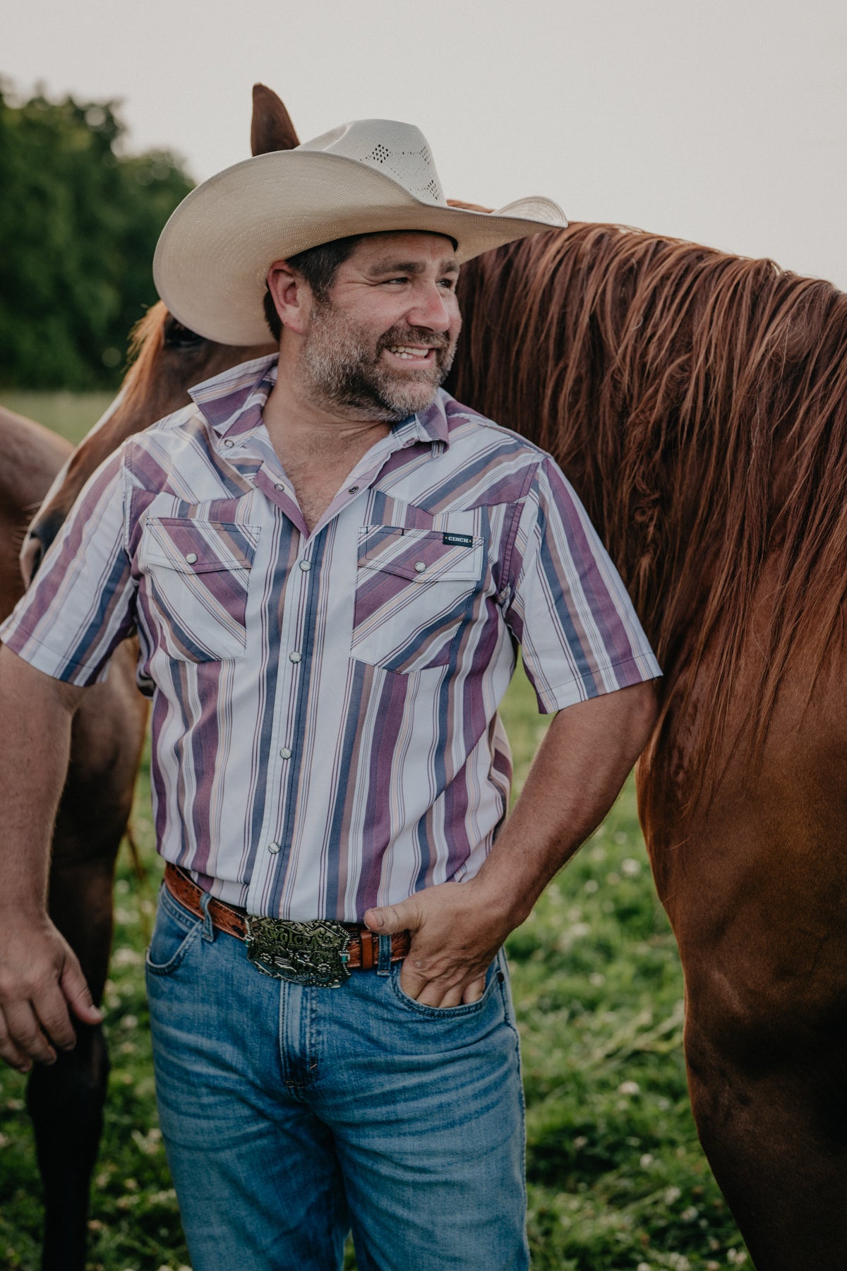 'Ryder' Men's Burgundy/Tan/White Stiped Short Sleeve Pearl Snap by CINCH (S-XXL)