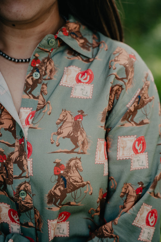 'Cowboy Stamps' Sage Green Long Sleeve Button Up by Panhandle Slim (S-XXL)