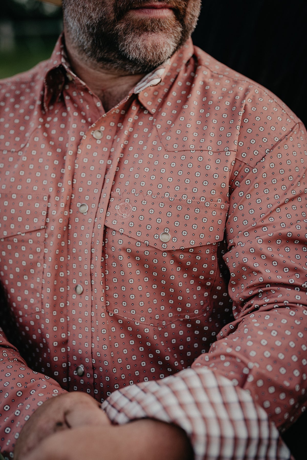 'Clay' Men's Rust with Geo Print George Straight Long Sleeve Pearl Snap by Wrangler (S-XXL)