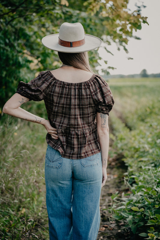 'Sutton' Women's Plaid Square Neck Puff Sleeve Peplum Blouse