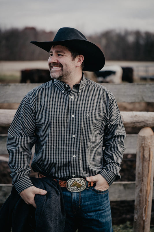 'Mack' Men's Ariat Wrinkle Free Black Mini Plaid Long Sleeve Button Down (S-XXL)