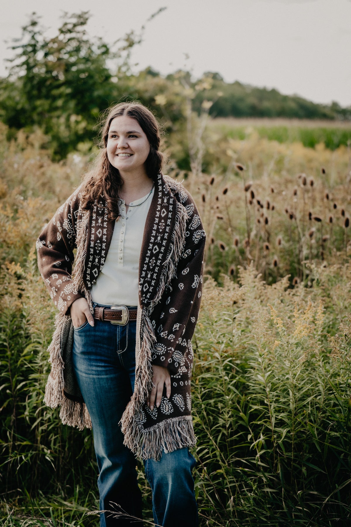'Canyon Rose' Chocolate Brown Bandana Print Duster Cardigan by Lyla + Luxe