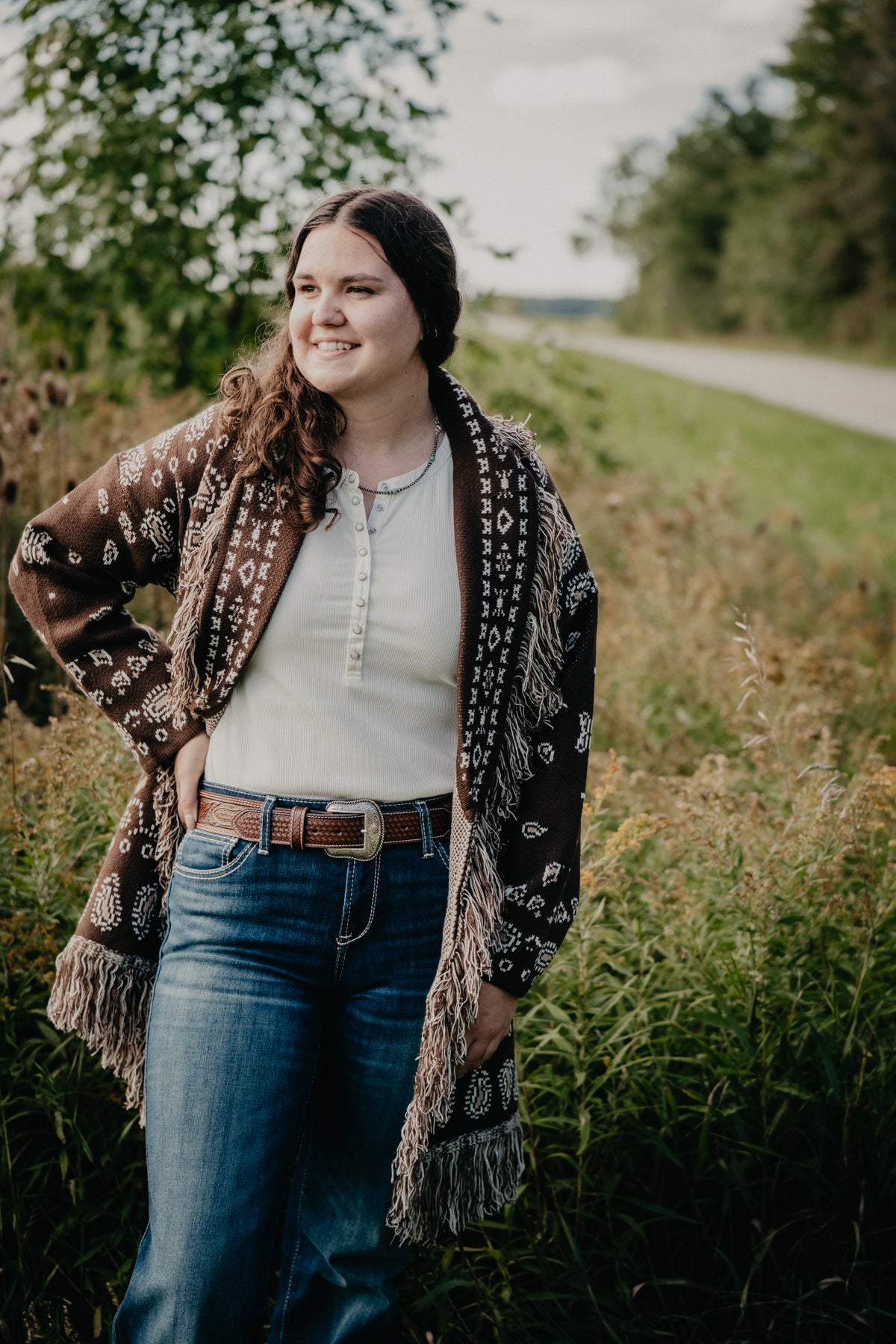 'Canyon Rose' Chocolate Brown Bandana Print Duster Cardigan by Lyla + Luxe