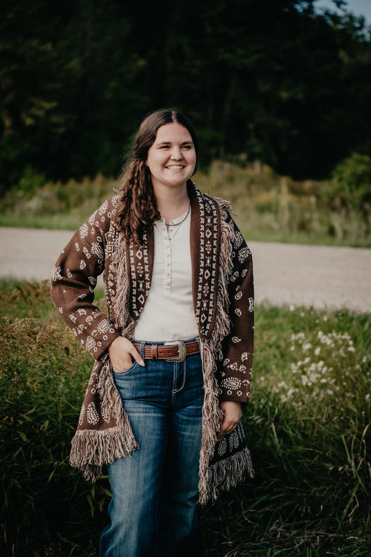 'Canyon Rose' Chocolate Brown Bandana Print Duster Cardigan by Lyla + Luxe