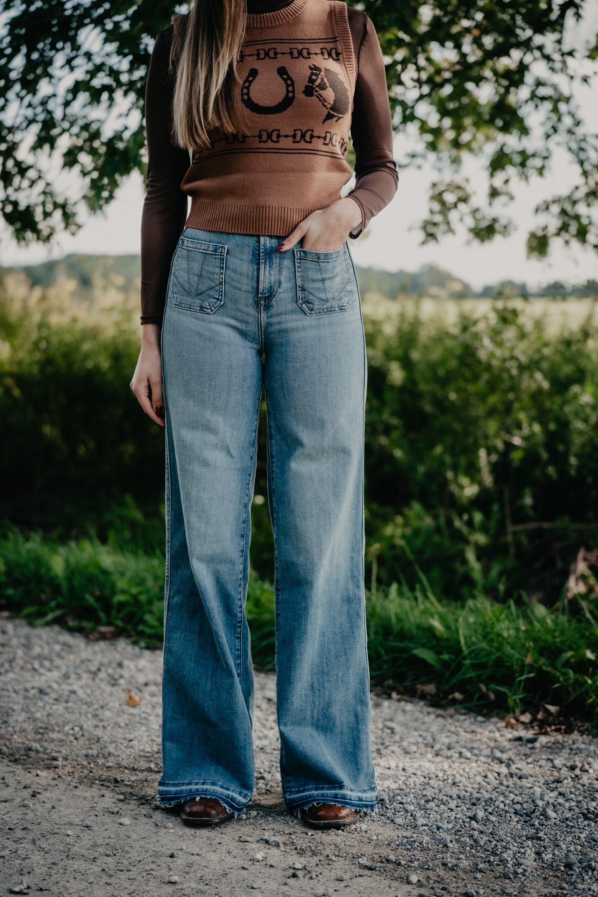 'Mavis' Mid Wash Ultra High Rise Raw Hem Wide Leg by Ariat