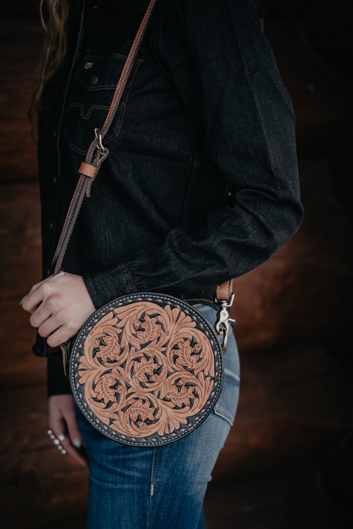 8" Round Handcrafted Canteen Handbag by Alamo Saddlery (Multi Designs)