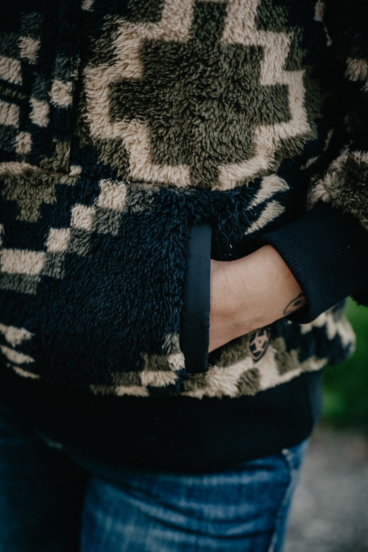 'Amour' Black, Cream and Army Green Berber Sweater by Ariat