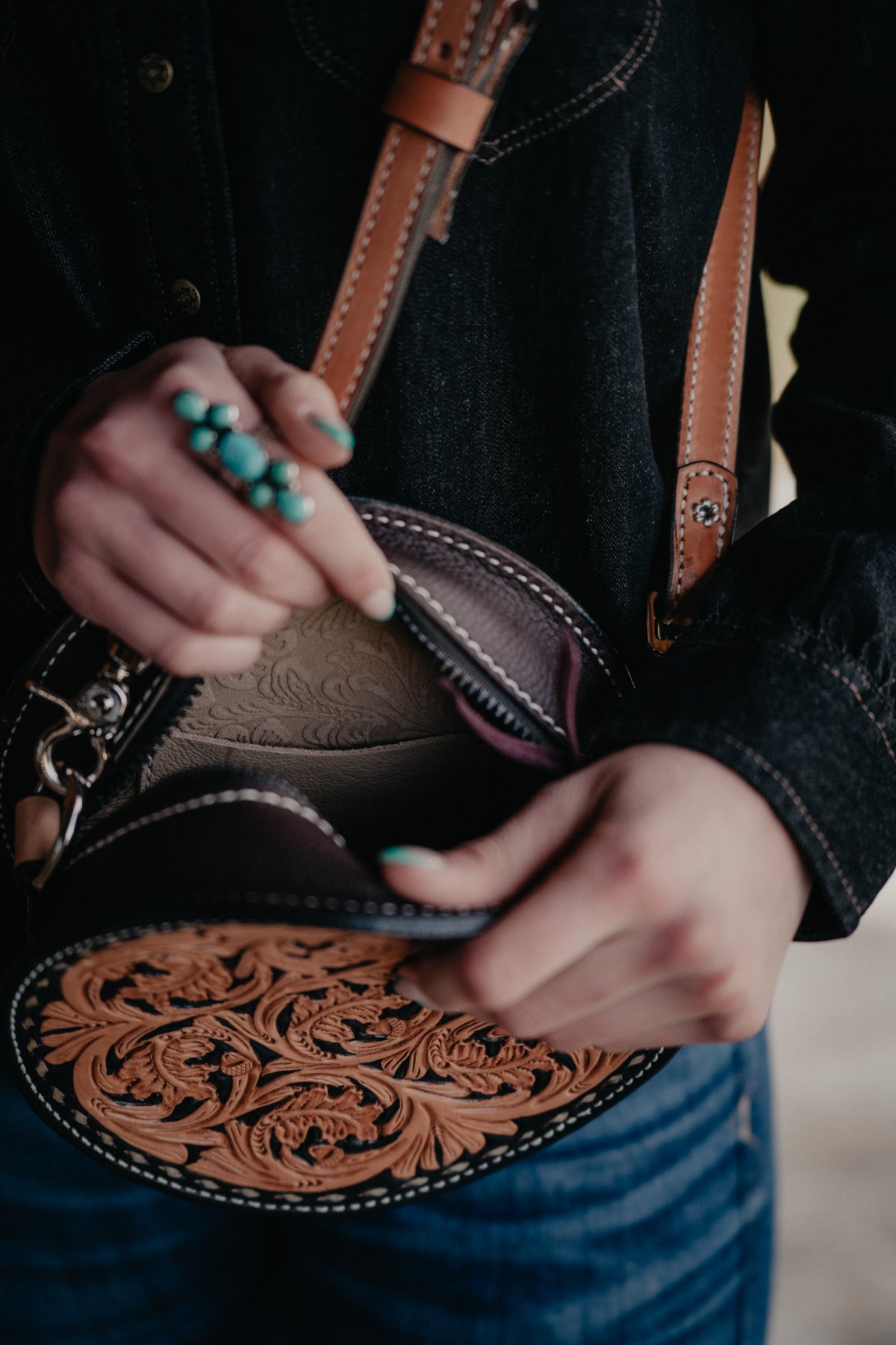 8" Round Handcrafted Canteen Handbag by Alamo Saddlery (Multi Designs)