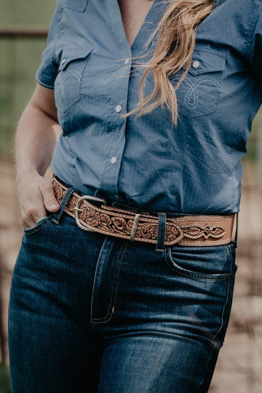 Rough Out Belt with Floral Tooled Billets by Double J Saddlery (1 7/8" tapered to 1 1/2")