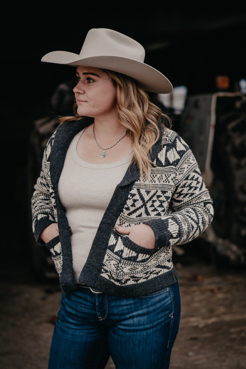 'Violet' Women's Cropped Grey/Ivory Aztec Cardigan by Stetson (XS-XL)