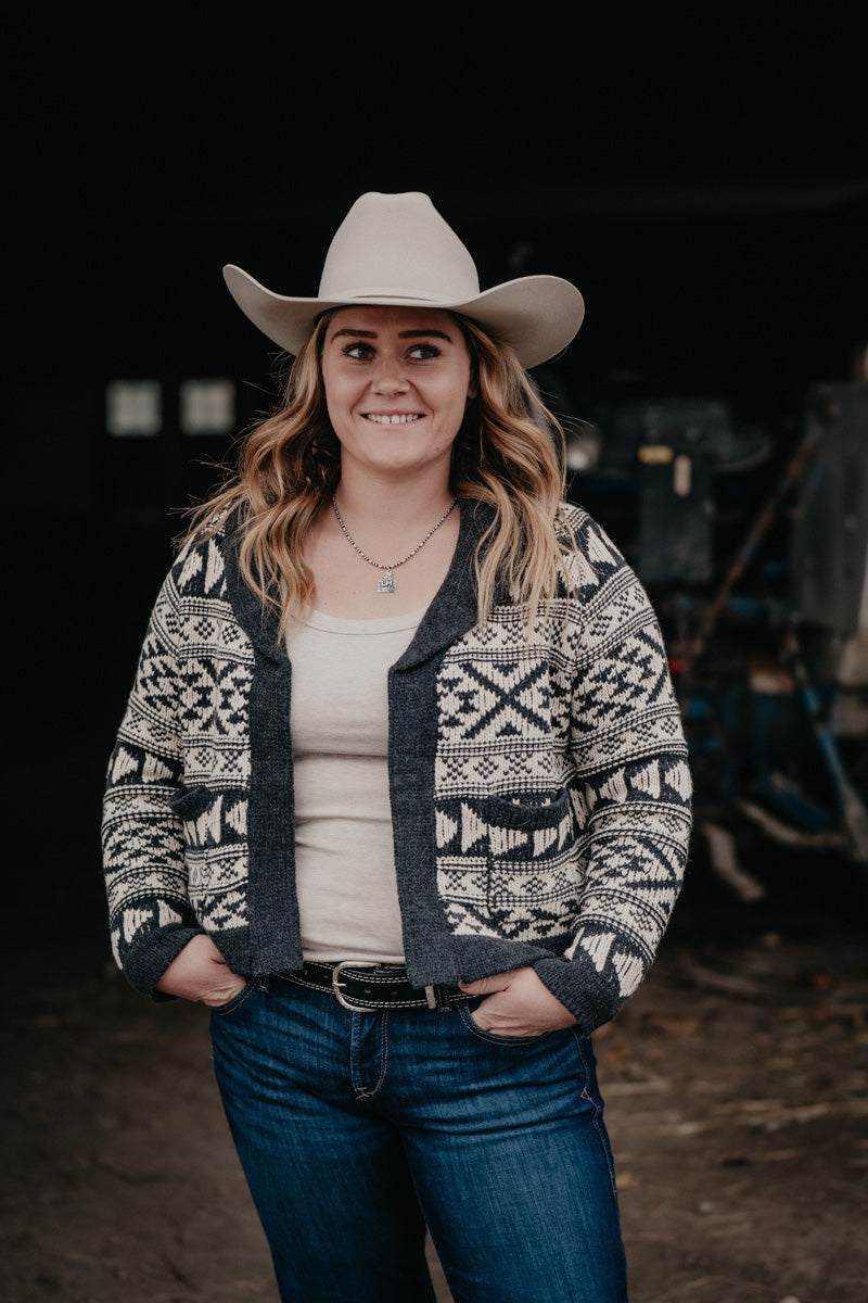 'Violet' Women's Cropped Grey/Ivory Aztec Cardigan by Stetson (XS-XL)