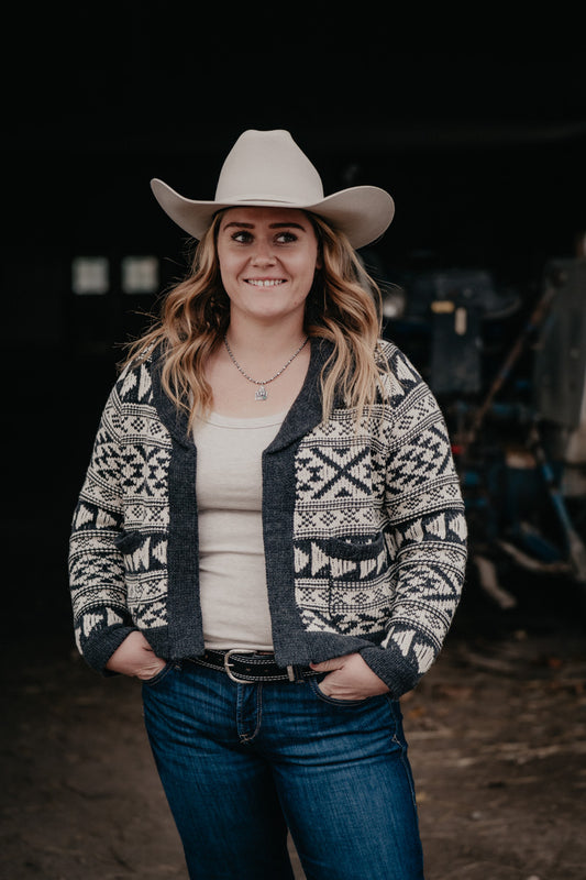 'Violet' Women's Cropped Grey/Ivory Aztec Cardigan by Stetson (XS-XL)