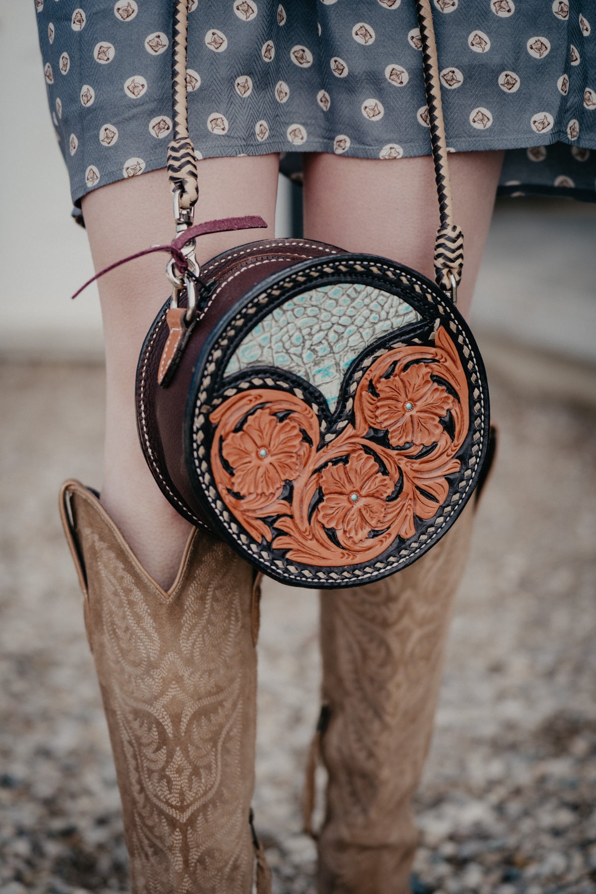 8" Round Handcrafted Canteen Handbag by Alamo Saddlery (Multi Designs)