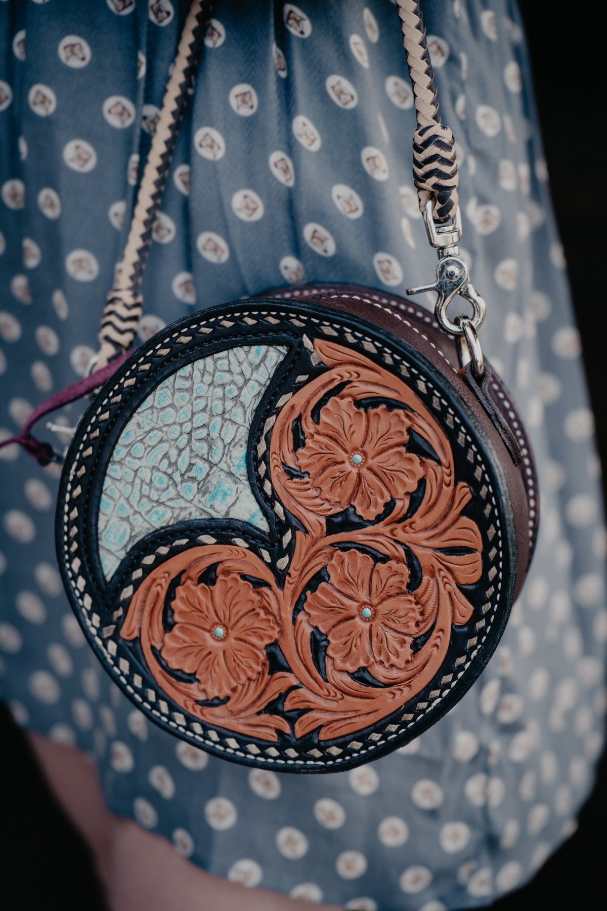 8" Round Handcrafted Canteen Handbag by Alamo Saddlery (Multi Designs)