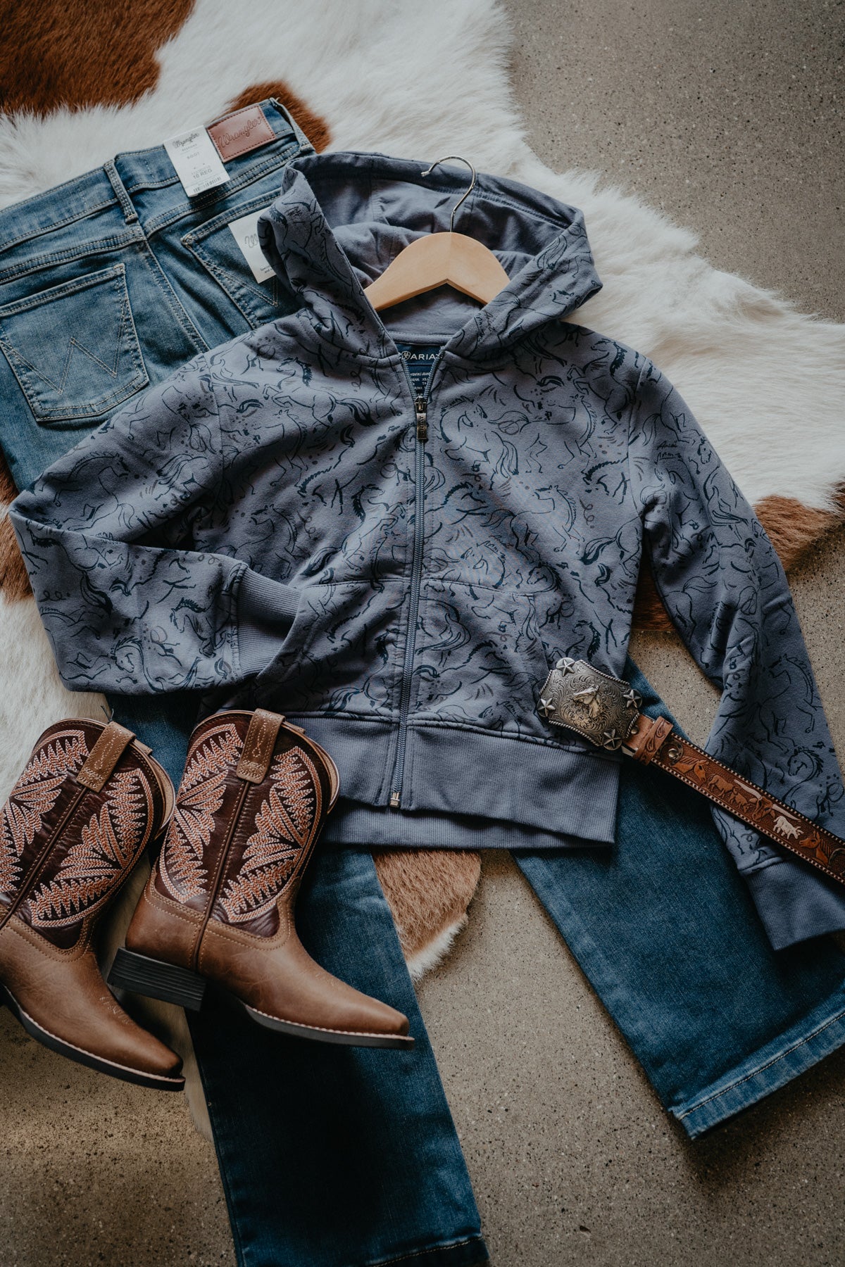 'Carolina' Girl's Periwinkle Blue Horse Full Zip Sweater by Ariat