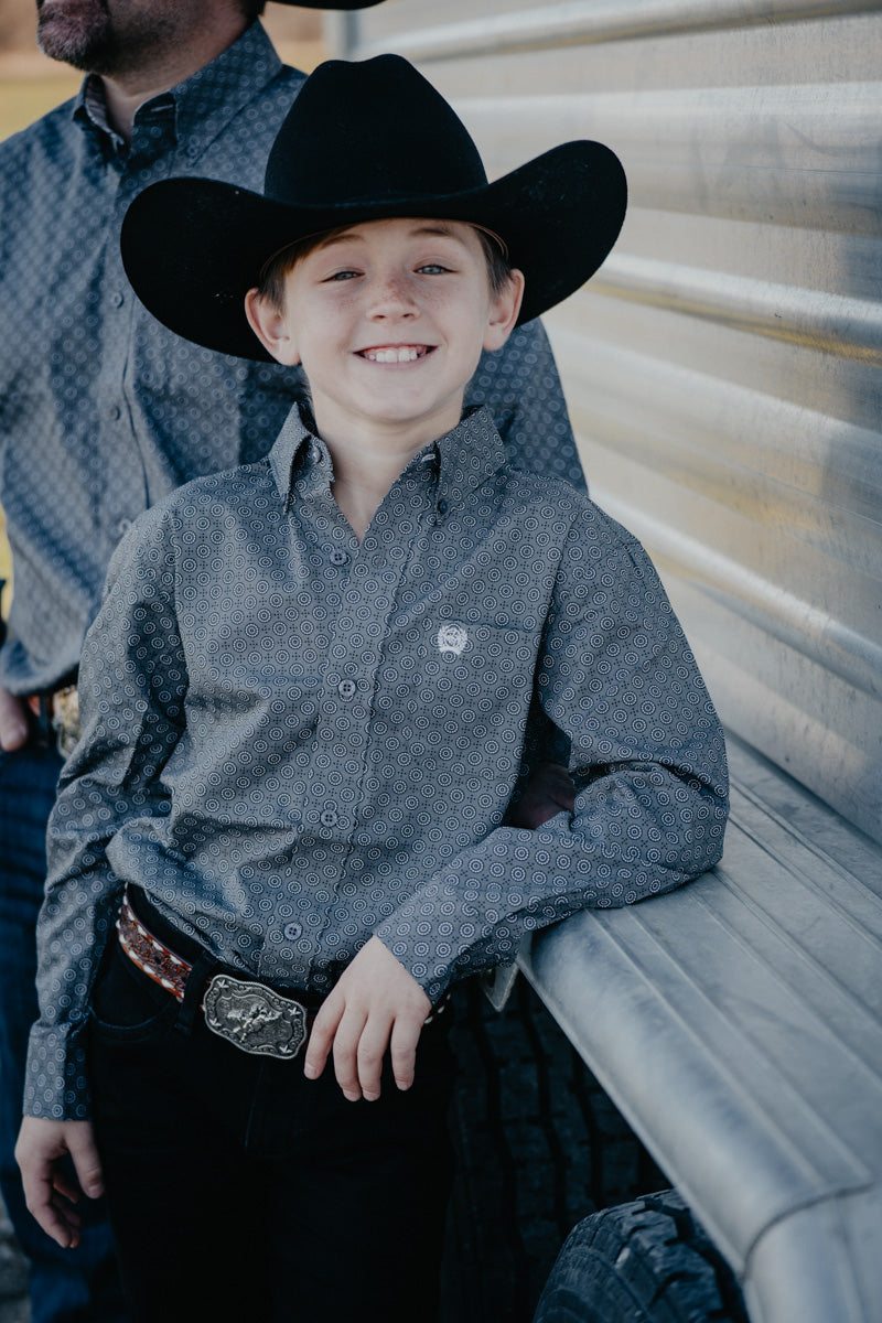 'Jennings Jr' CINCH Boy's LS Gray Print Button Up (XS-XL)