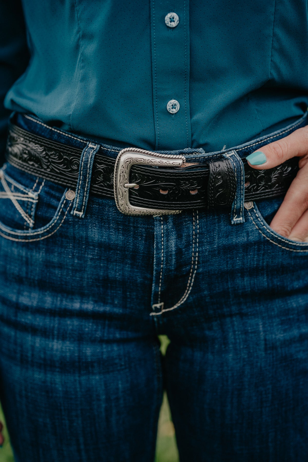1/2" Black Floral Embossed Belt