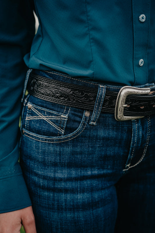 1/2" Black Floral Embossed Belt
