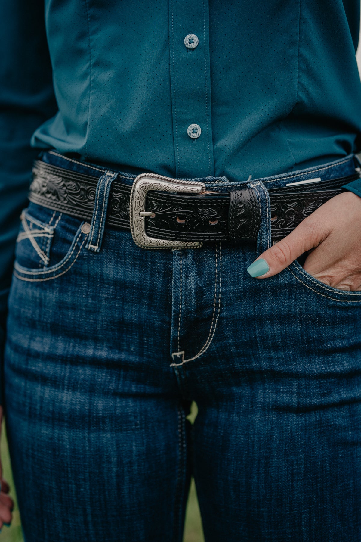 1/2" Black Floral Embossed Belt