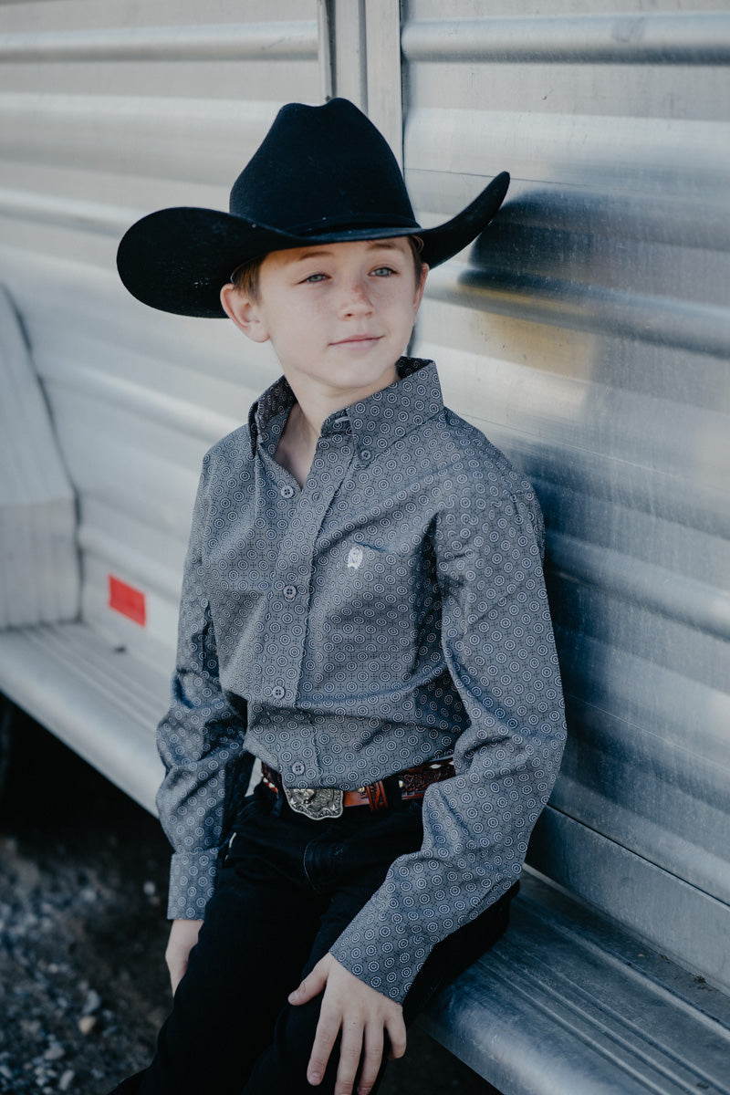 'Jennings Jr' CINCH Boy's LS Gray Print Button Up (XS-XL)