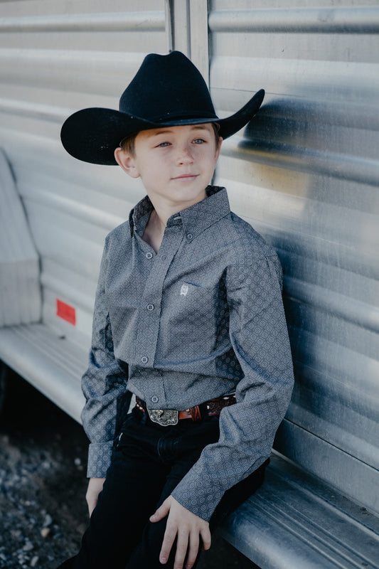 'Jennings Jr' CINCH Boy's LS Gray Print Button Up (XS-XL)