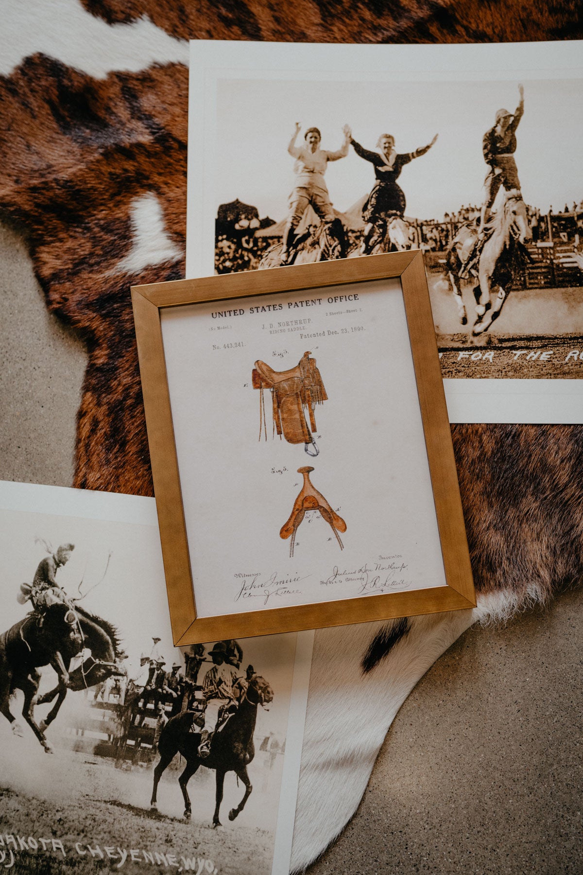 Water Colour Patent Western Saddle/ Gold Frame