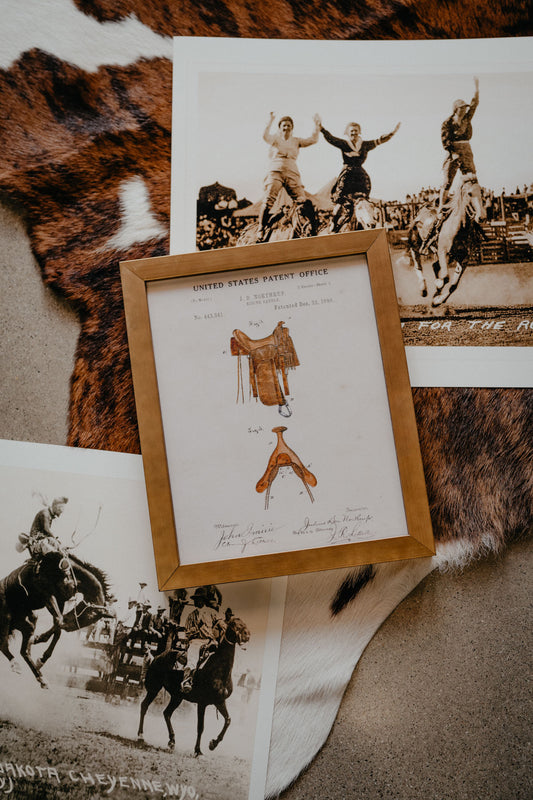 Water Colour Patent Western Saddle/ Gold Frame