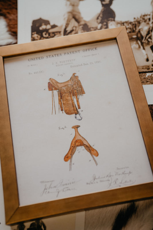 Water Colour Patent Western Saddle/ Gold Frame