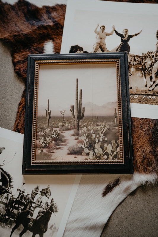 Western Scene Poster with Cacti/ Black Beaded Frame