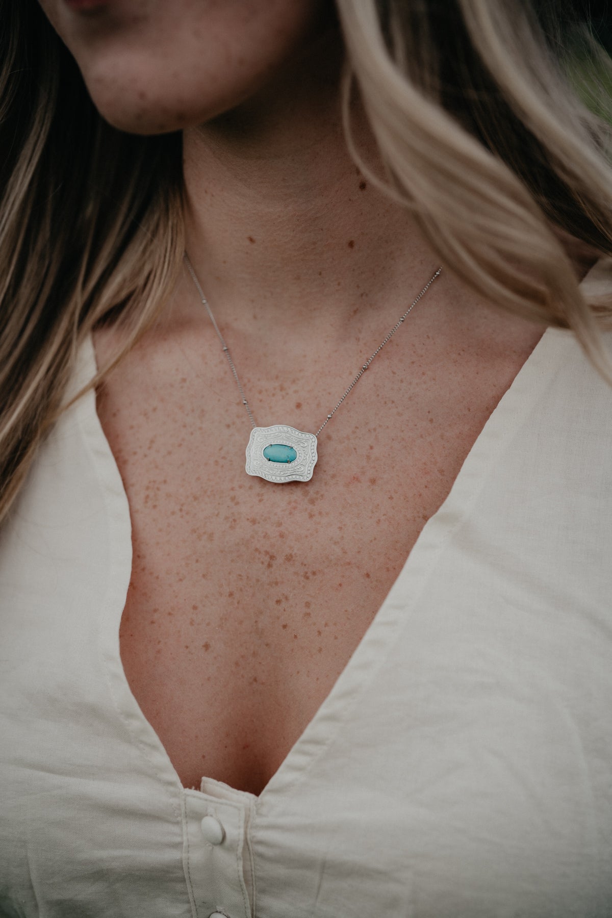 Turquoise Oasis Buckle Necklace with Genuine Turquoise Accent (Gold & Silver)