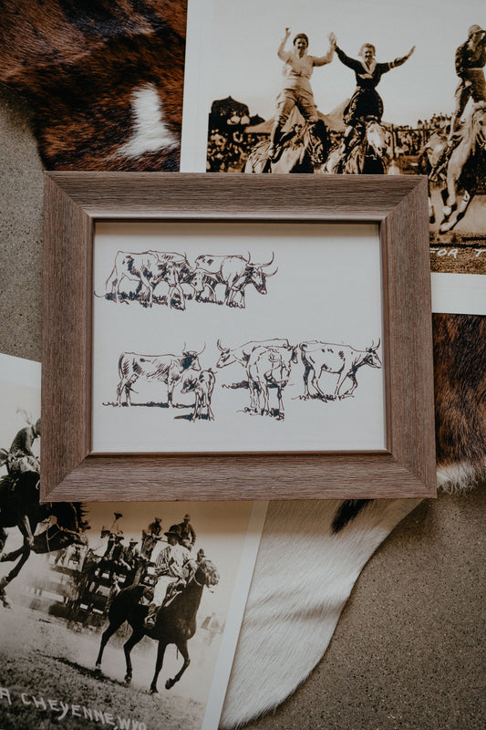 Vintage Oil Painting of Longhorn Cattle/ Barnwood Frame