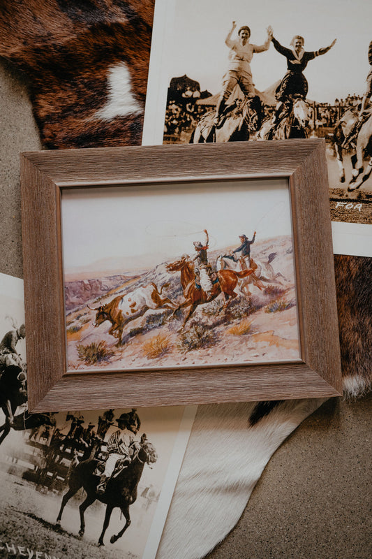 Vintage Oil Painting of Cowboys Roping/ Barnwood Frame