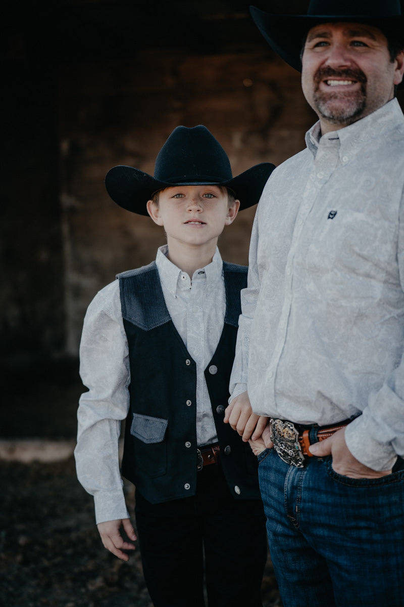 'Sterling Jr' CINCH Boy's Grey Paisley on White Button Up (XS-XL)