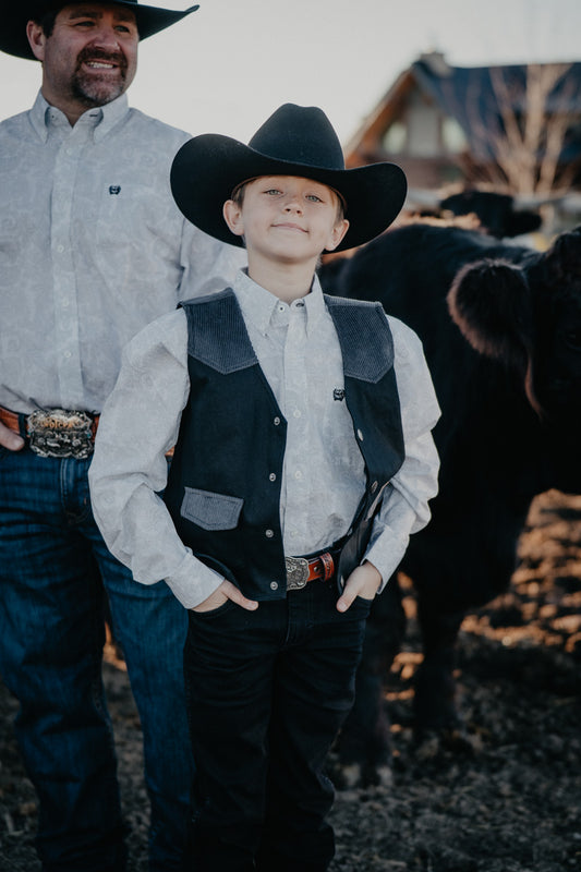 'Sterling Jr' CINCH Boy's Grey Paisley on White Button Up (XS-XL)