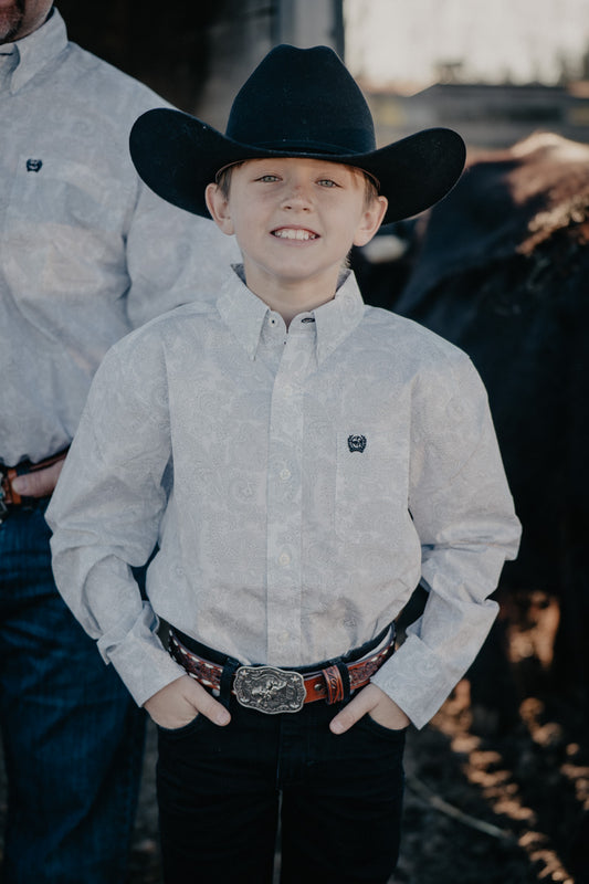 'Sterling Jr' CINCH Boy's Grey Paisley on White Button Up (XS-XL)