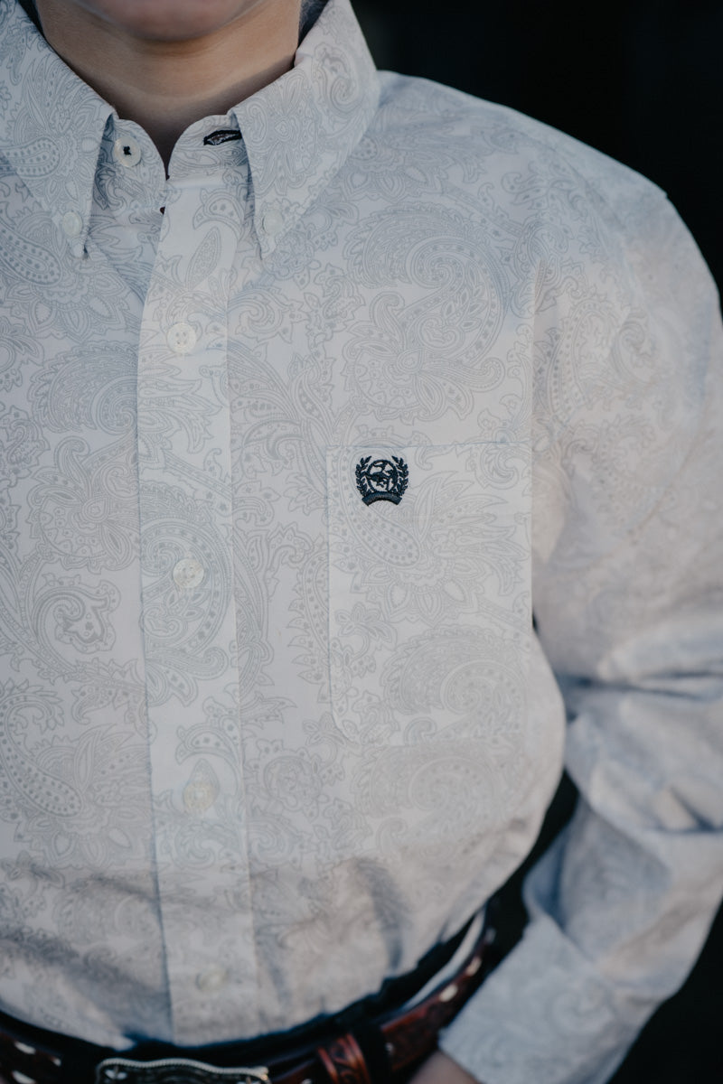 'Sterling Jr' CINCH Boy's Grey Paisley on White Button Up (XS-XL)