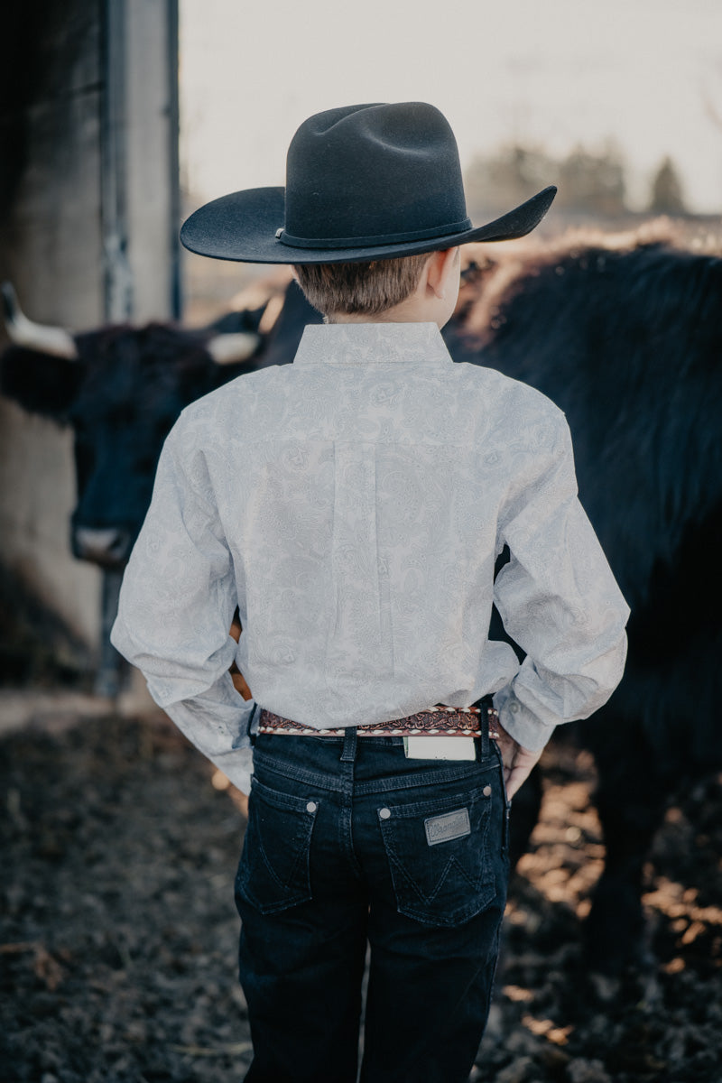 'Sterling Jr' CINCH Boy's Grey Paisley on White Button Up (XS-XL)