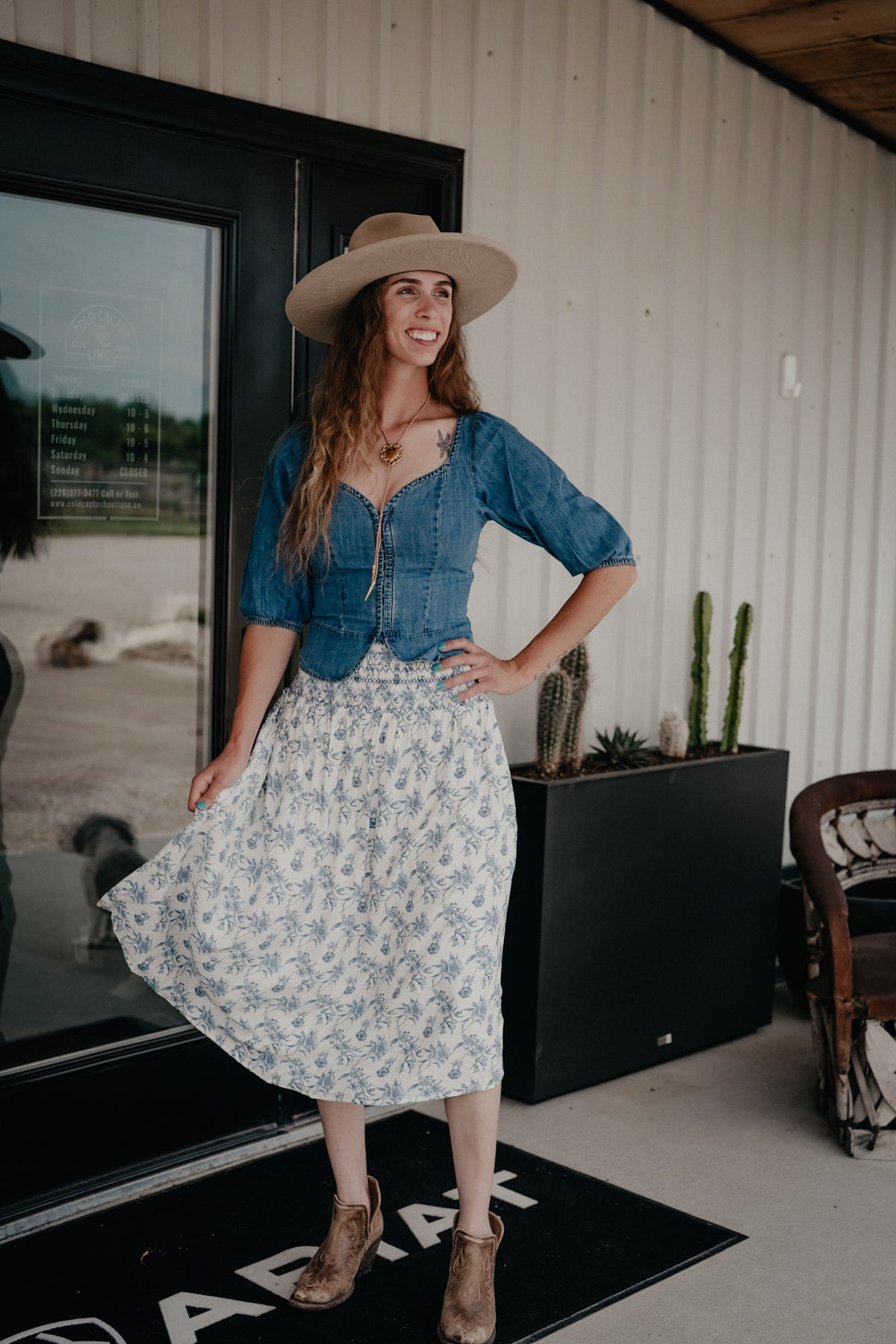 'Iris' Blue Floral Print Smocked Waist Midi Skirt (S-L)