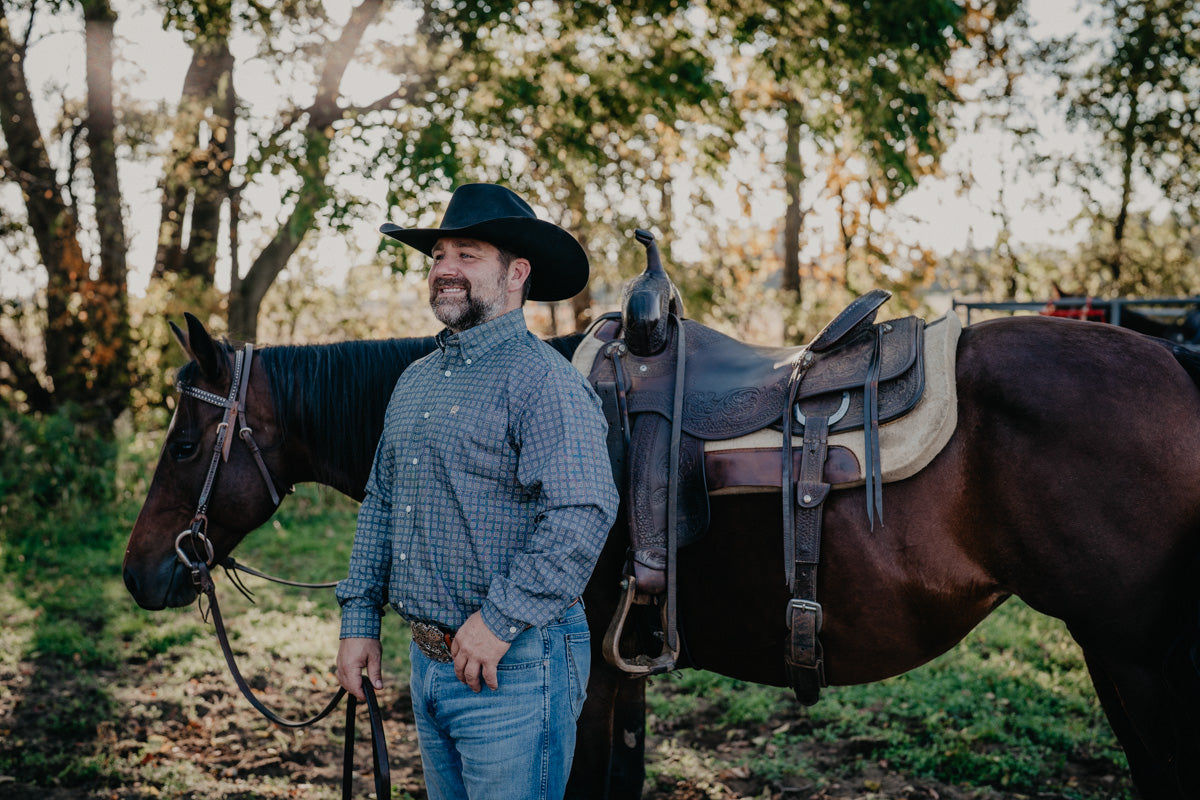 'Denver' Slate Blue & Brown Geometric CINCH Classic Fit Button Down
