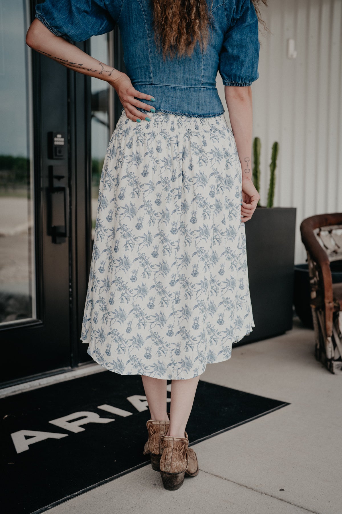'Iris' Blue Floral Print Smocked Waist Midi Skirt (S-L)