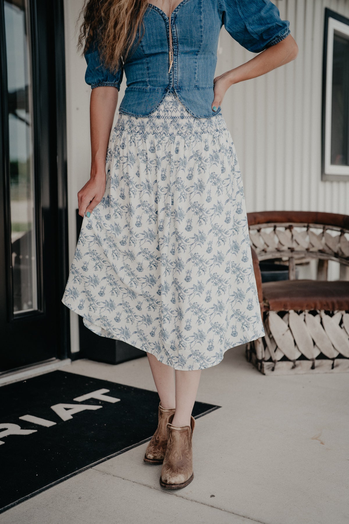 'Iris' Blue Floral Print Smocked Waist Midi Skirt (S-L)